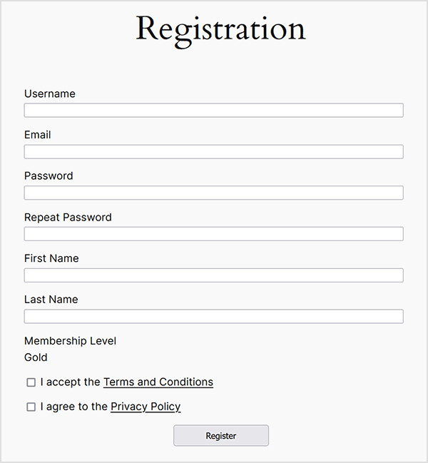 Simple Membership plugin admin showing the membership level configuration, member registration form settings, and access control options in WordPress