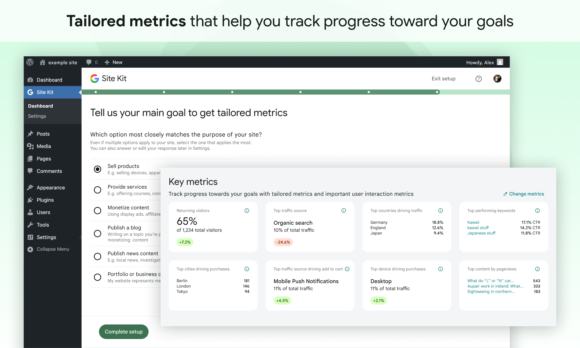 Site Kit by Google Analytics traffic overview in the WordPress admin showing sessions, pageviews, and top traffic sources from GA4