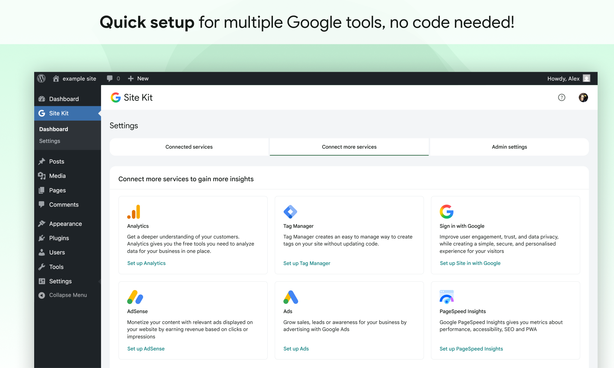 Site Kit by Google main dashboard in the WordPress admin showing the Key Metrics row, Traffic overview, and PageSpeed score widget