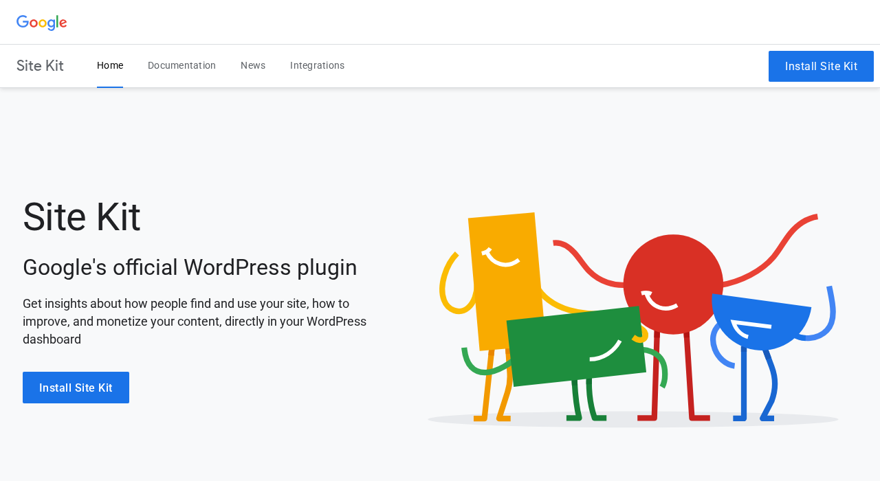 Site Kit by Google official homepage at sitekit.withgoogle.com showing the plugin value proposition for site owners, developers, and publishers