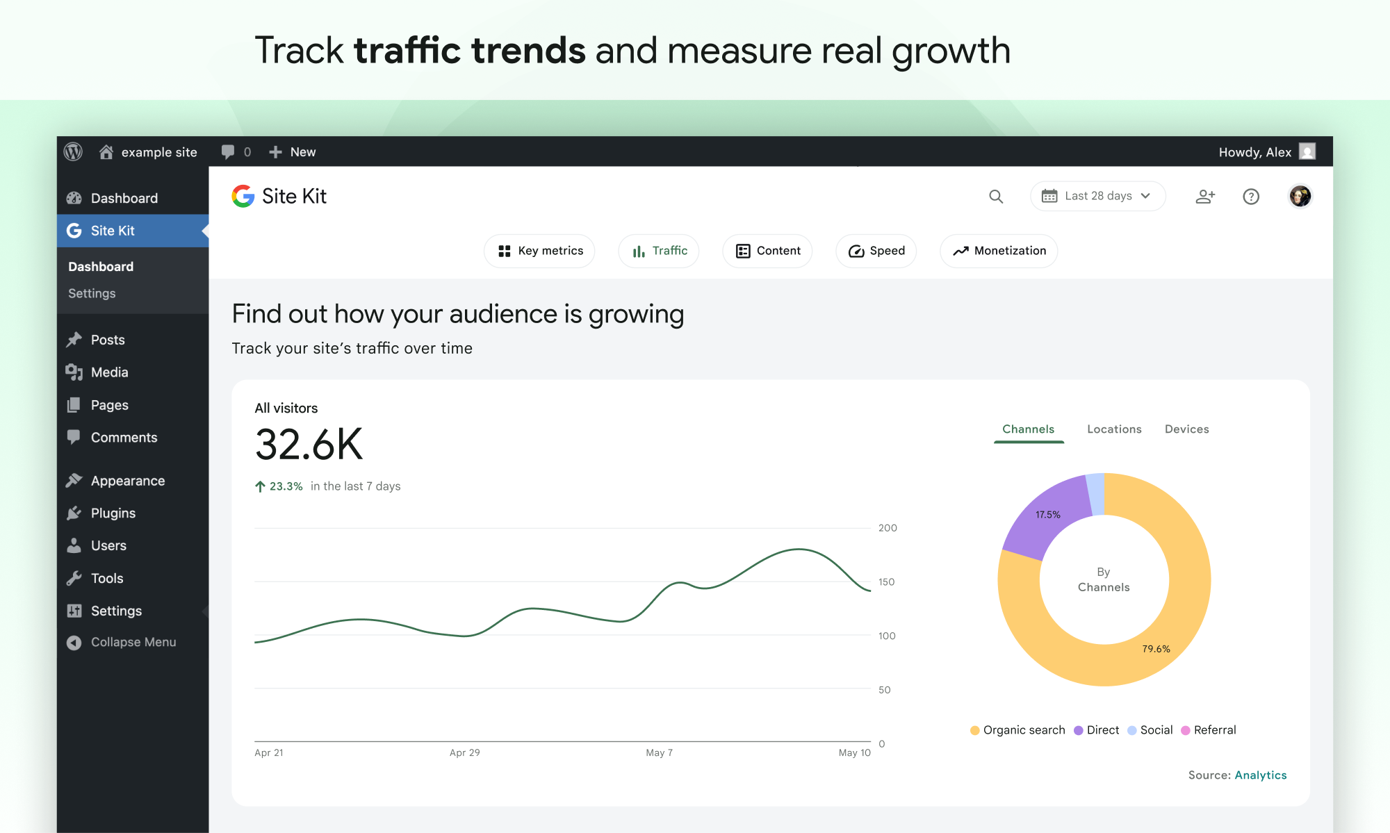 Site Kit by Google Search Console performance data in the WordPress admin showing impressions, clicks, and average position