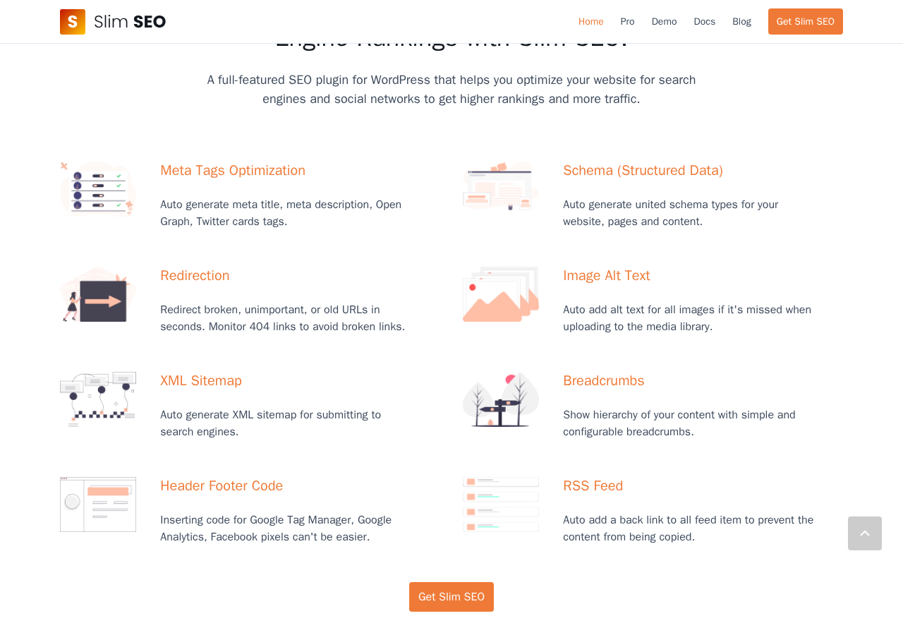 Slim SEO homepage features section showing the grid of eight core features: Meta Tags Optimization, Schema Structured Data, Redirection, Image Alt Text, XML Sitemap, Breadcrumbs, Header Footer Code, and RSS Feed, each with a short description and icon.