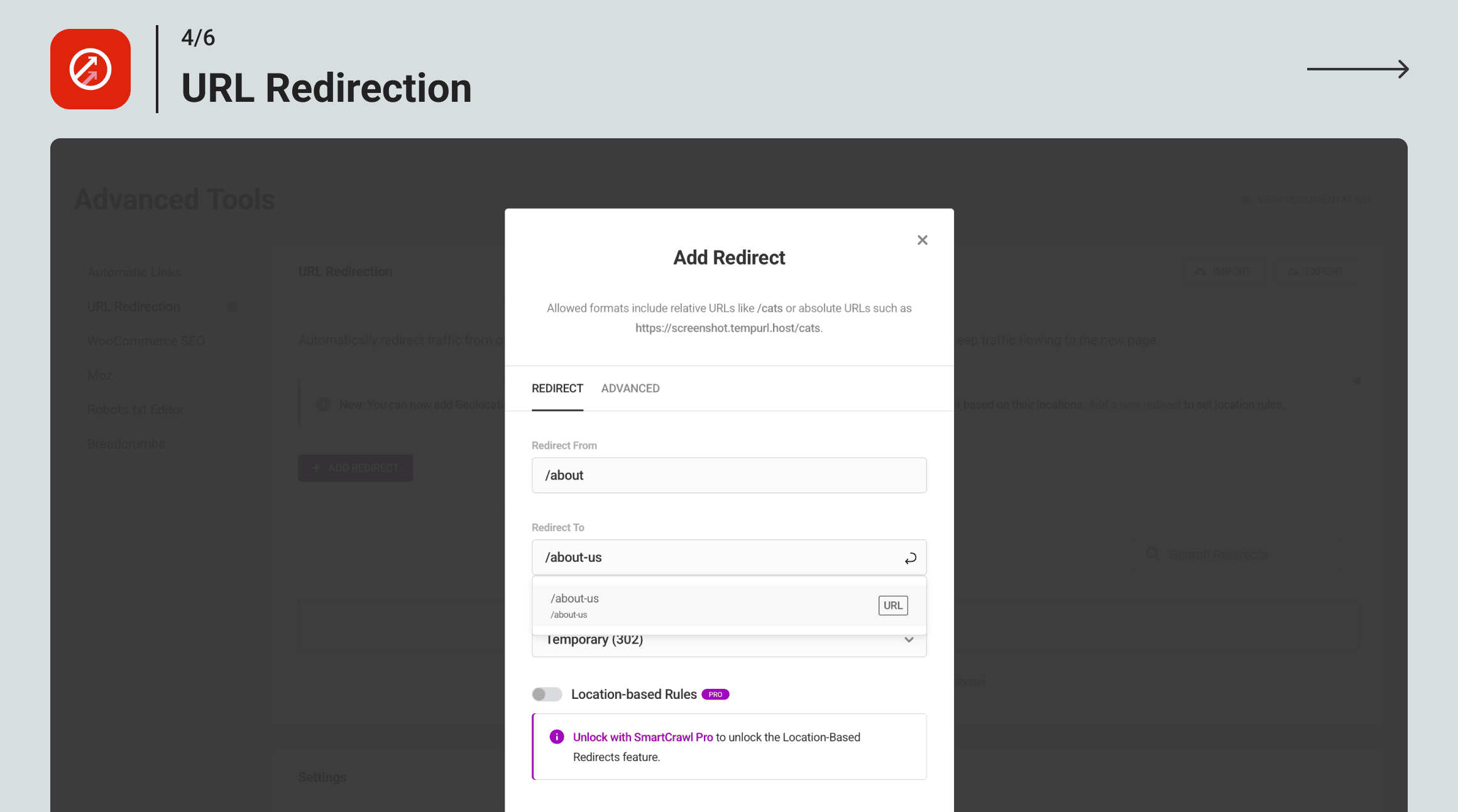 SmartCrawl URL Redirection screen showing the redirect list with source URL, destination URL, redirect type columns, and Add Redirect button