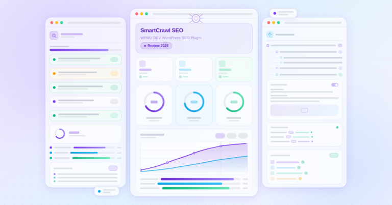 SmartCrawl SEO Review 2026 featured banner showing crawl analysis dashboard, main SEO dashboard with title and rating, and technical SEO sitemap panel on a light glassmorphism background