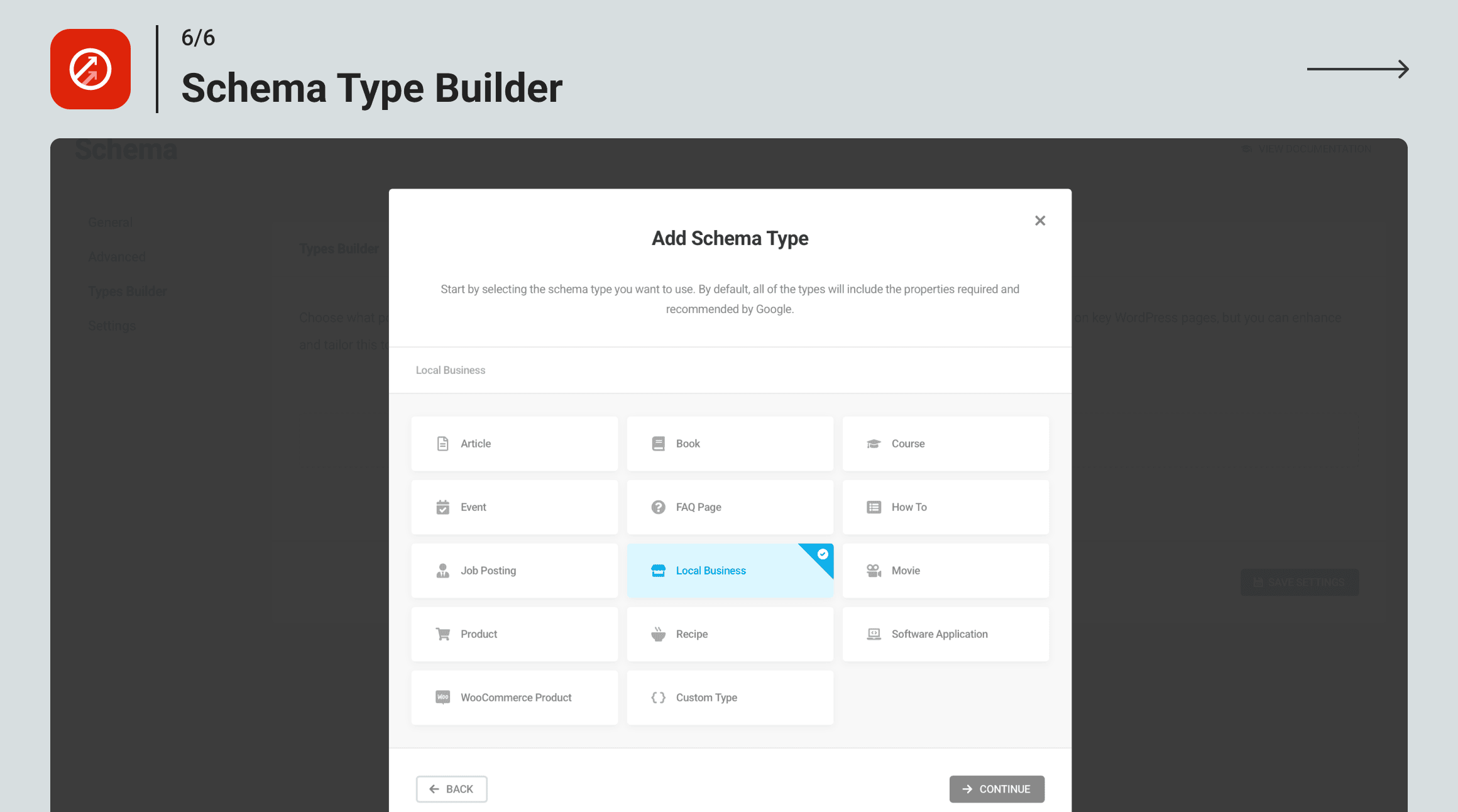 SmartCrawl Schema Type Builder screen showing schema type selection dropdown, field mapping interface, and preview panel for structured data