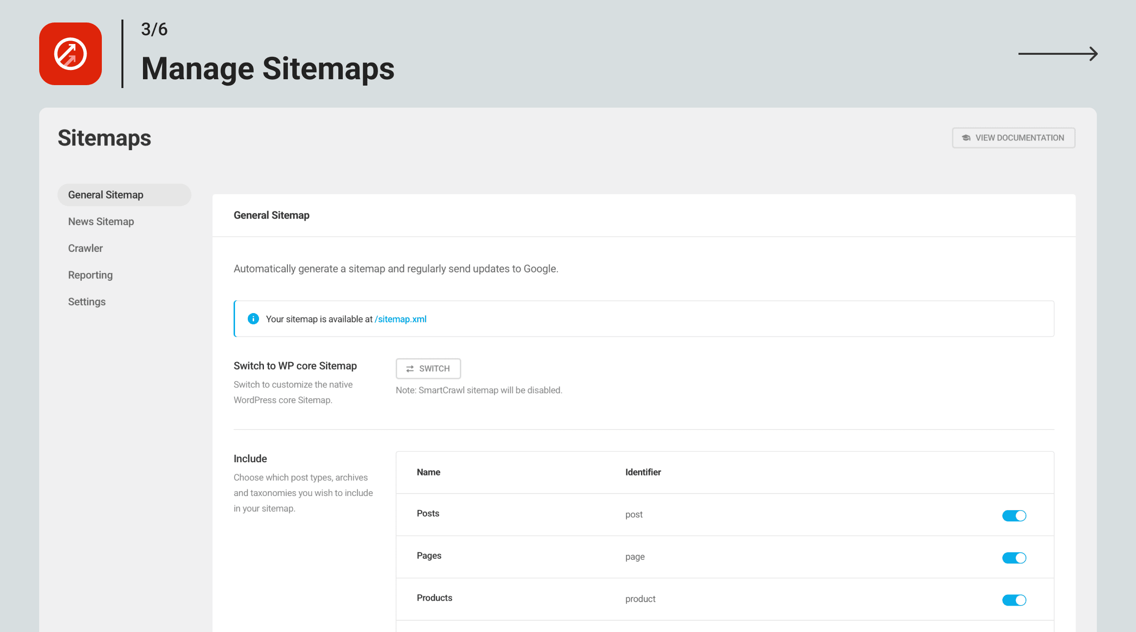 SmartCrawl Sitemap management screen showing sitemap toggle controls, post type inclusion checkboxes, taxonomy settings, and the Submit to Search Engines button