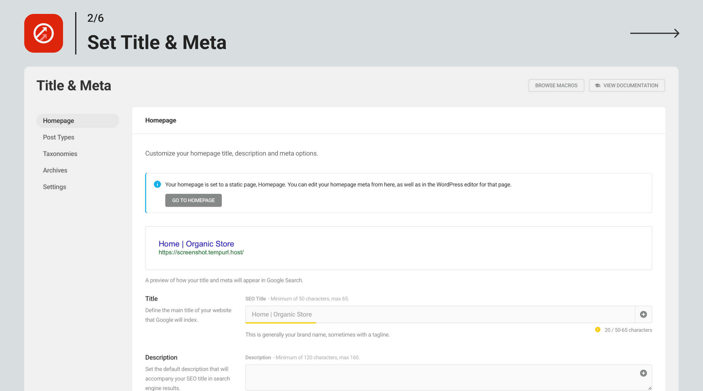 SmartCrawl Title and Meta settings screen showing global title template fields, separator selection, homepage title and description inputs, and archive-level title management tabs