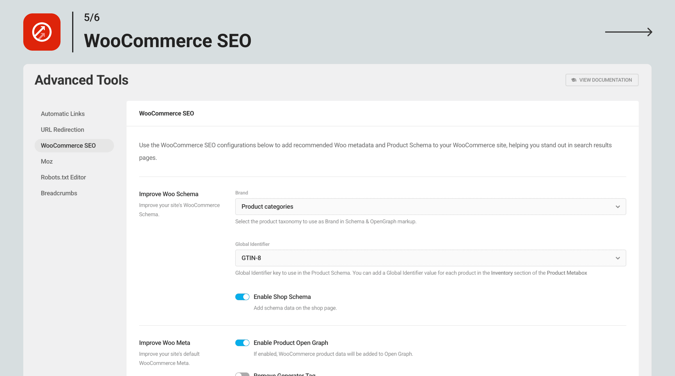 SmartCrawl WooCommerce SEO screen showing product page optimization settings, product category title templates, and shop archive SEO controls