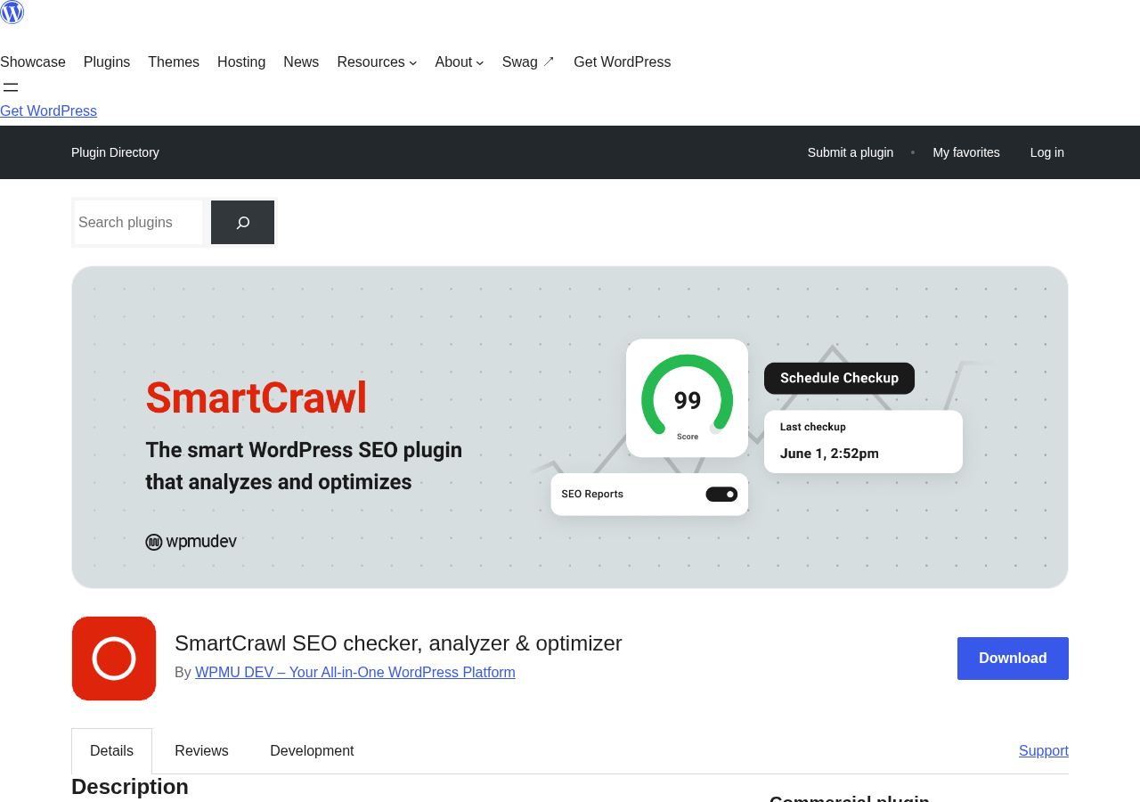 SmartCrawl SEO plugin listing on WordPress.org showing the plugin title, developer info, 20,000+ active installations, 4.8 star rating, and the plugin description