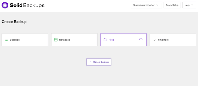 Solid Backups admin dashboard overview showing the main navigation tabs including Backups, Scheduling, Remote Destinations, Stash Live, and Tools, with the backup list and action controls.