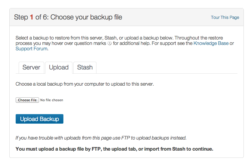 ImportBuddy restore wizard running in a browser showing the database connection step with fields for host, database name, username, password, and the new site URL for search-and-replace, along with the progress indicator and restore options.