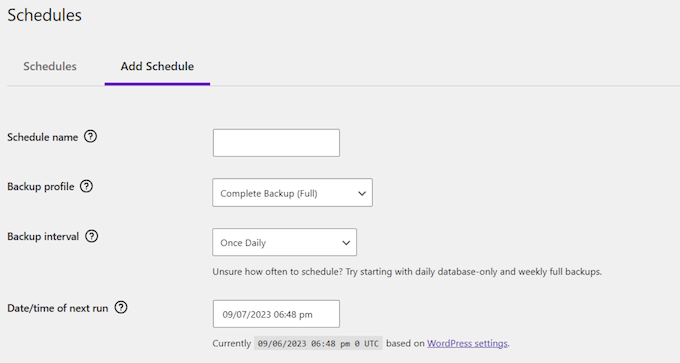 Solid Backups scheduling configuration screen showing the backup schedule form with frequency selectors (hourly, daily, weekly, monthly), execution time, retention count, and the remote destination dropdown, with a second schedule configured for database-only daily backups.