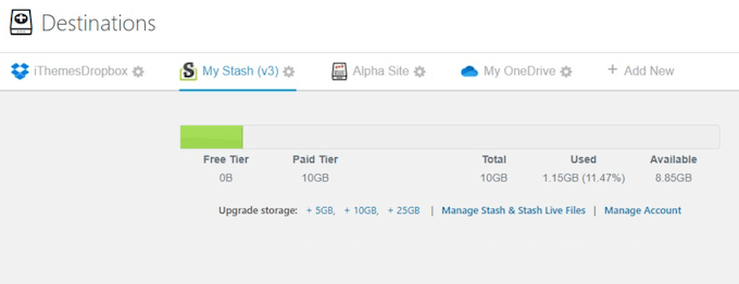 Stash Live backup timeline in the Solid Backups dashboard showing the incremental backup history log with timestamps, tracked site events (posts, pages, plugins, media), and the cloud connection status panel.