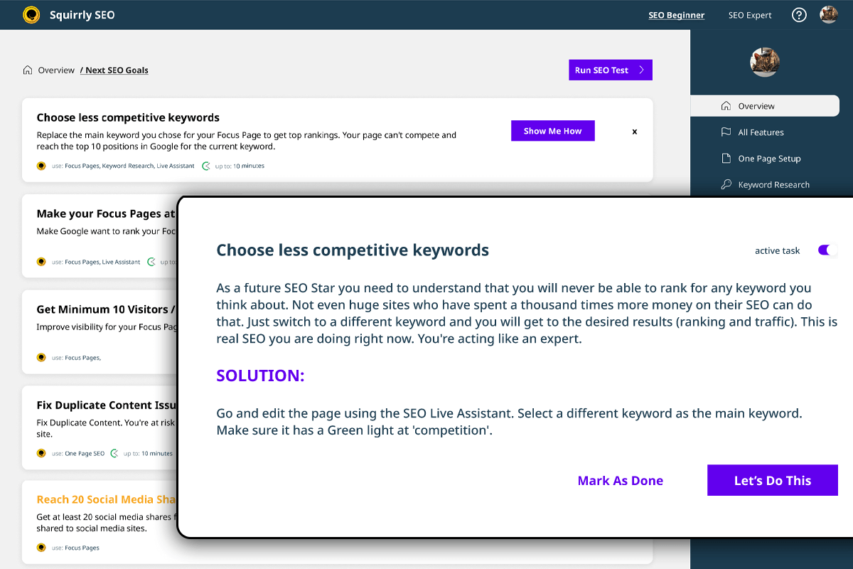 Squirrly SEO Next SEO Goals dashboard showing a prioritized list of guided tasks after registration, including prompts to set a Focus Page, add keywords to the Briefcase, and fix duplicate content issues.