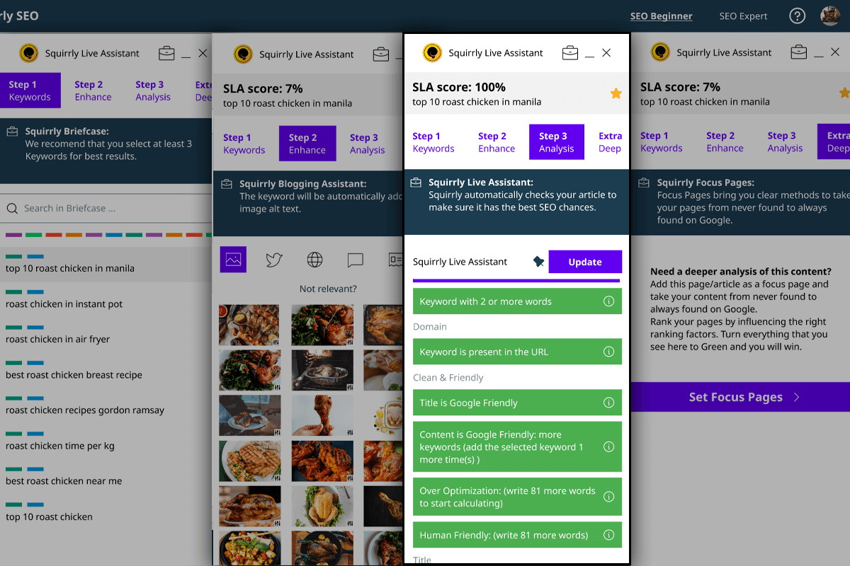 Squirrly SEO Live Assistant panel showing real-time keyword optimization checks including SLA score of 100%, step-by-step enhancement tabs, and on-page SEO status indicators with green checkmarks.
