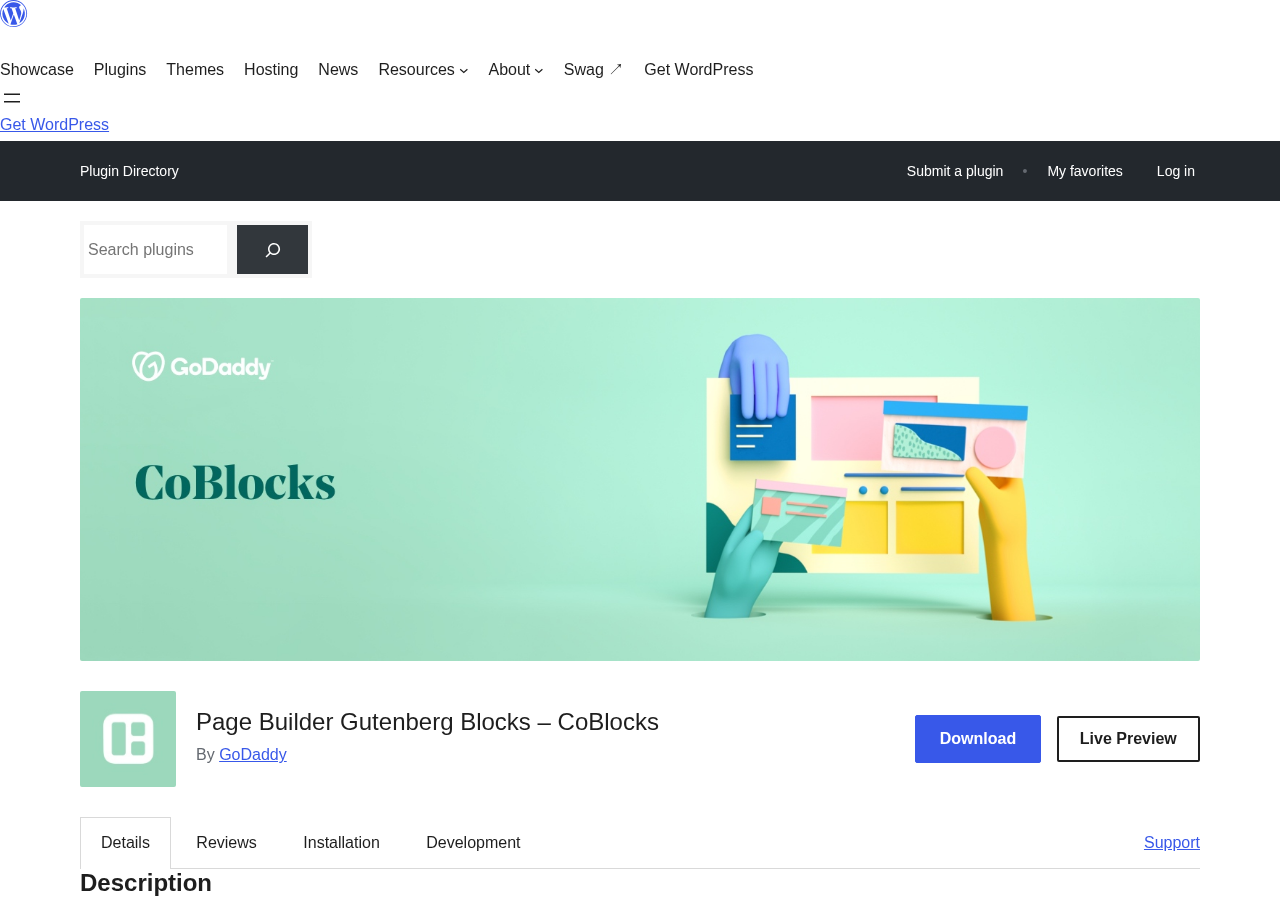 CoBlocks on the WordPress.org plugin directory showing 300,000+ active installations, version 3.1.17 last updated March 5 2026, 4.3 out of 5 stars from 108 ratings, and developer listed as GoDaddy