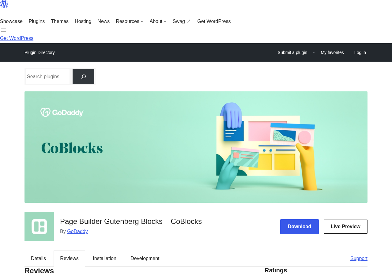 WordPress.org CoBlocks reviews page showing the overall 4.3 out of 5 star rating from 108 reviews, with a breakdown of 5-star through 1-star ratings and a selection of recent user reviews