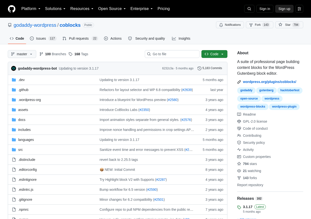 CoBlocks GitHub repository at github.com/godaddy-wordpress/coblocks showing the repository description as a suite of professional page building content blocks for the WordPress Gutenberg block editor, 794 stars, 143 forks, GPL-2.0+ license, and the godaddy-wordpress organization header