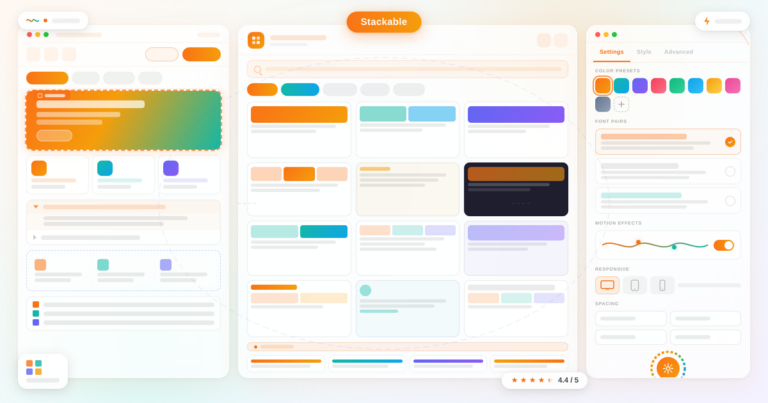 Stackable plugin review featured banner showing Gutenberg editor canvas, Design Library panel, and Global Settings panel with orange and teal palette