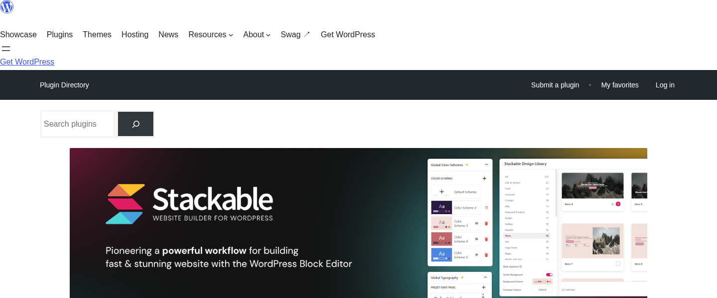 Stackable plugin page on WordPress.org showing 100,000+ active installs and 4.9/5 rating from 520 reviews