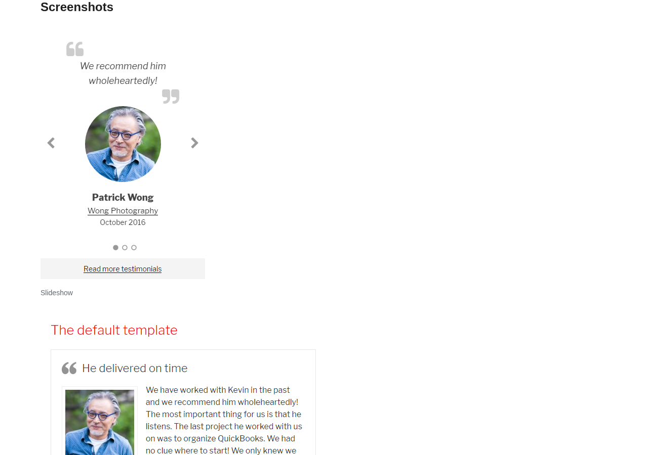 Strong Testimonials plugin screenshots showing admin testimonial management and view editor