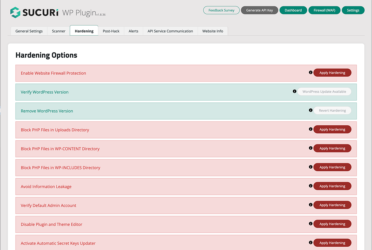 Sucuri Website Hardening panel showing one-click security hardening actions including disabling the file editor, blocking PHP in uploads, and XML-RPC disabling