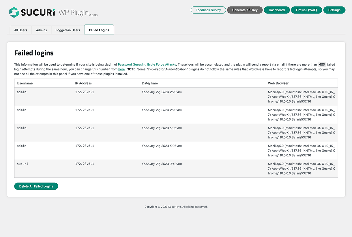 Sucuri Last Logins panel showing a table of login activity with columns for username, IP address, hostname, date, and login type