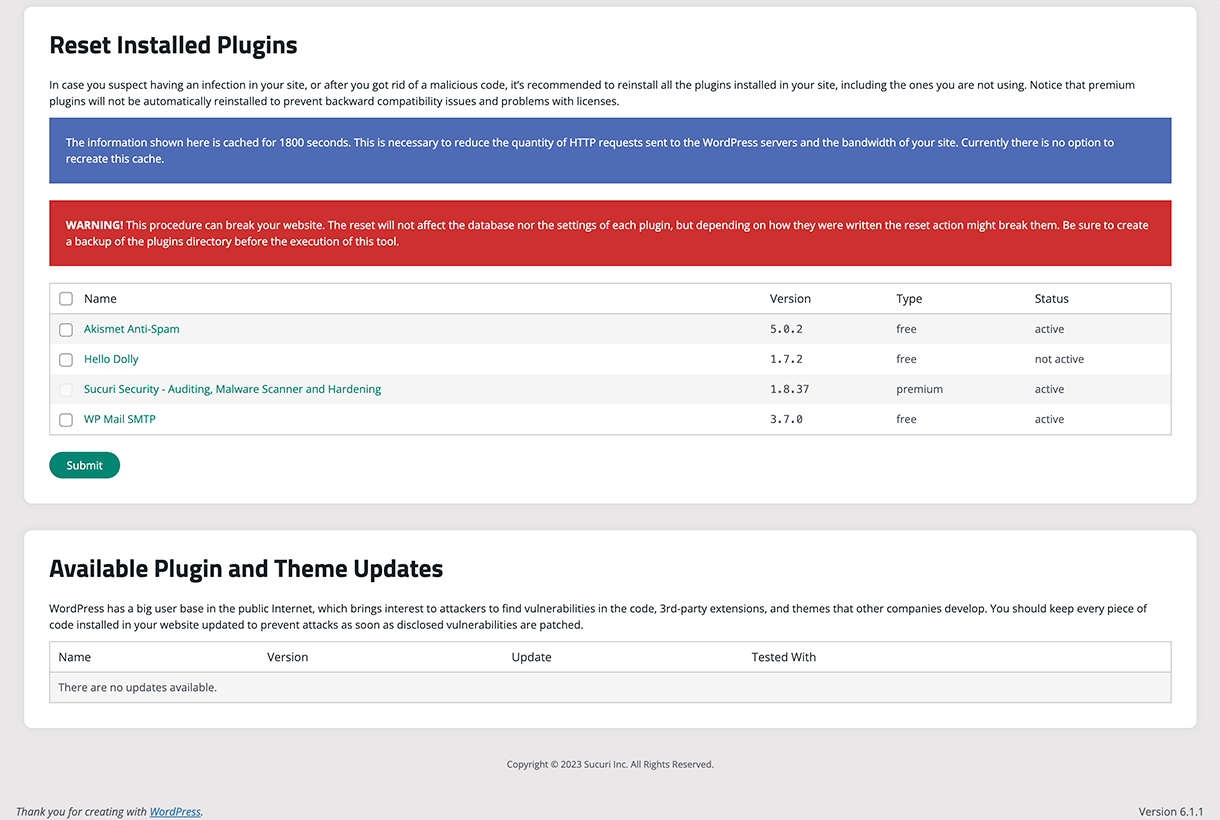 Sucuri Post-Hack Tools panel showing four recovery sections covering Update Secret Keys, Reset User Passwords, Reset Installed Plugins, and Update Plugin and Theme