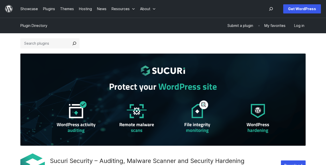 Sucuri Security plugin listing on WordPress.org showing the plugin title, By Sucuri attribution, version 2.7.4 updated July 7 2026, and description covering security activity auditing and malware scanning