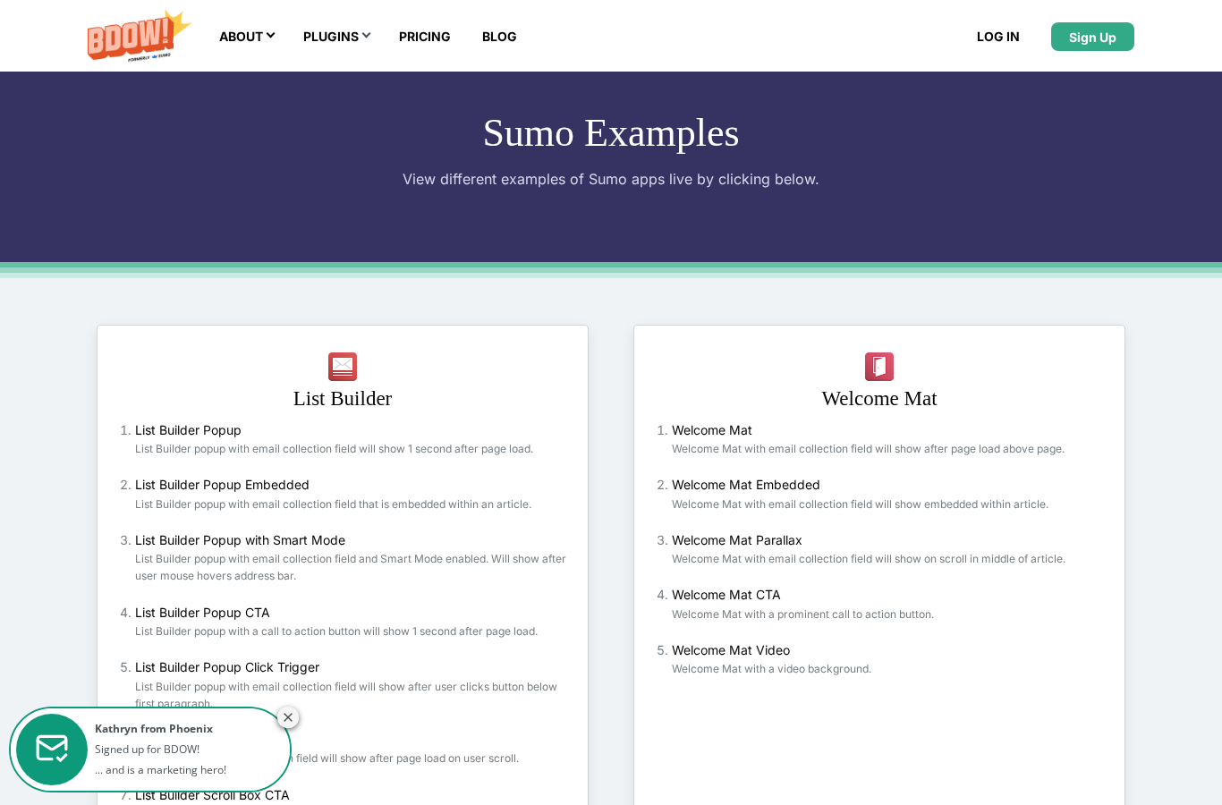 Sumo examples page showing List Builder, Scroll Box, Welcome Mat, and Smart Bar formats