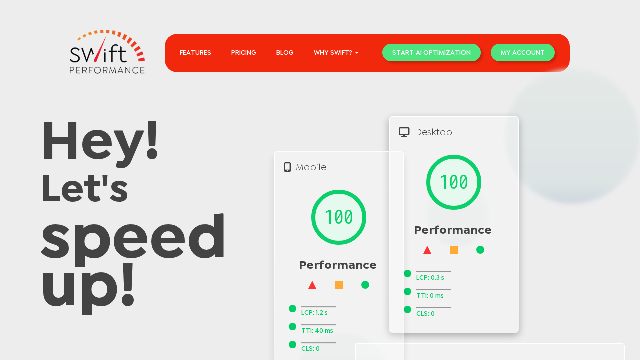 Swift Performance AI homepage hero showing the Let's speed up headline and Core Web Vitals metrics panel