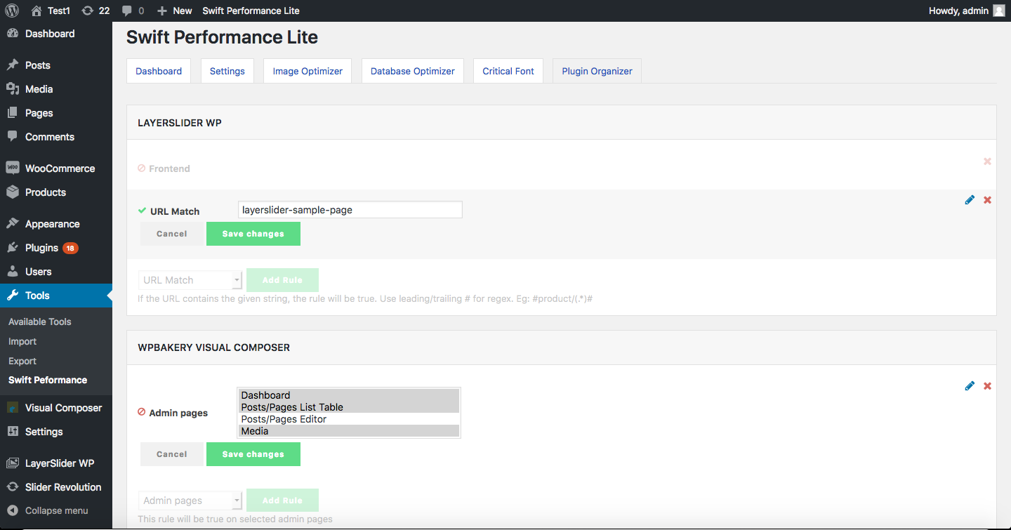 Swift Performance Plugin Organizer tab showing rules to disable specific plugins on selected pages with URL Match and Admin pages options