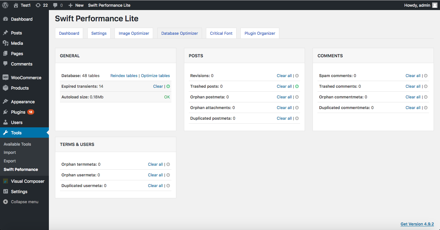 Swift Performance Lite settings panel in WordPress admin showing Dashboard, Settings, Image Optimizer, Database Optimizer, Critical Font and Plugin Organizer tabs