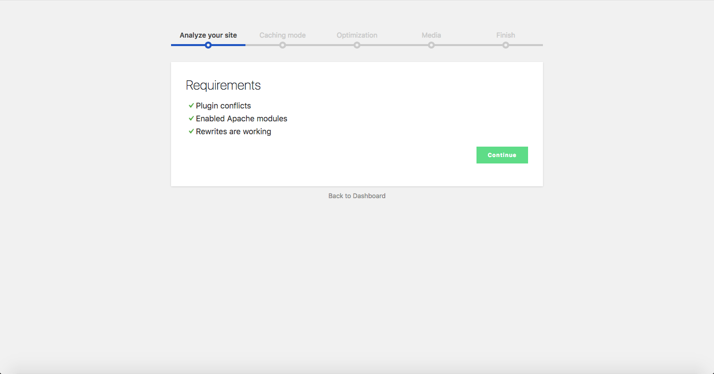 Swift Performance setup wizard Analyze your site screen showing requirements check for plugin conflicts, enabled Apache modules, and rewrites
