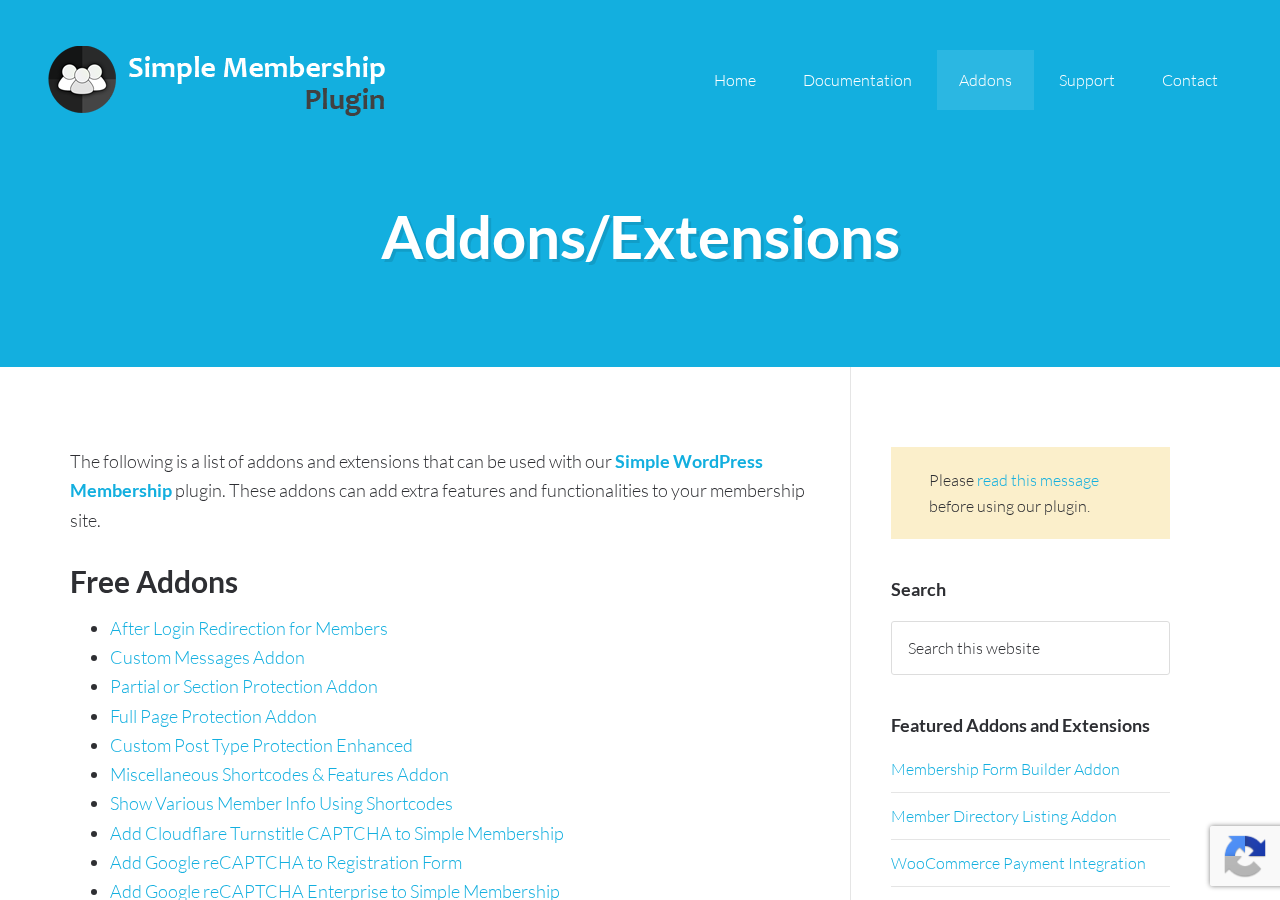 Simple Membership Plugin addons page listing free and premium addons available for the plugin, including After Login Redirection, Custom Messages Addon, Partial Protection Addon, MailChimp Integration, Zapier Webhook Integration, Social Login Addon in the free section, and Membership Form Builder, Member Directory, WooCommerce Payment Integration, Two-Factor Authentication in the premium section.