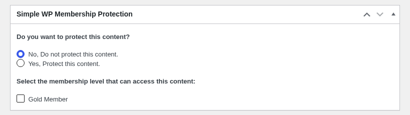 The Simple WP Membership Protection meta box in the post editor. It shows a "Do you want to protect this content?" question with two radio buttons: "No, Do not protect this content" (selected) and "Yes, Protect this content." Below that, a checkbox labeled "Gold Member" appears under the heading "Select the membership level that can access this content."