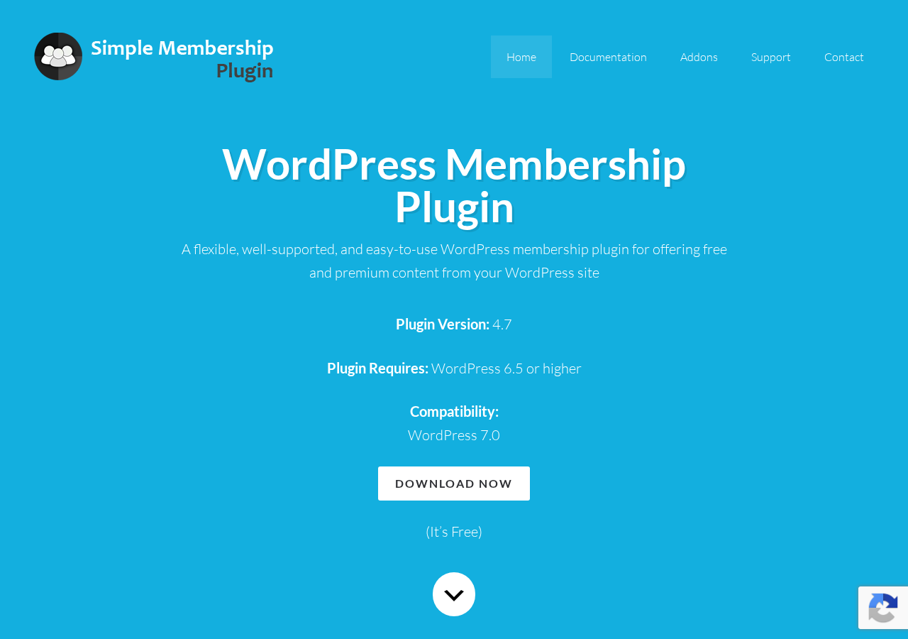 Simple Membership Plugin homepage showing the headline "WordPress Membership Plugin" with the sub-headline "A flexible, well-supported, and easy-to-use WordPress membership plugin for offering free and premium content from your WordPress site." Plugin Version 4.7, requires WordPress 6.5 or higher, compatibility with WordPress 7.0, and a "Download Now (It's Free)" button are visible.