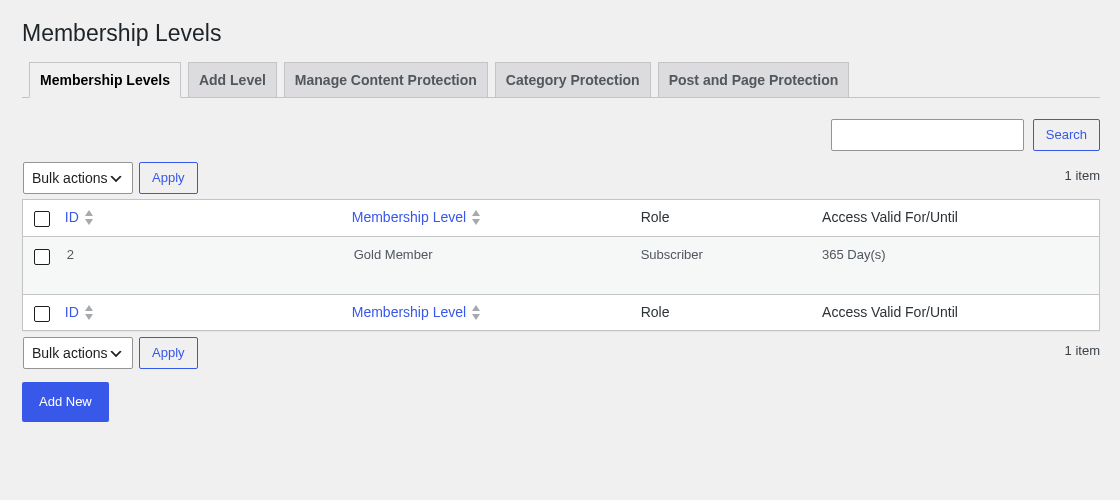 The Simple Membership admin screen showing the Membership Levels list. A "Gold Member" entry is visible with ID 2, a 365-day access duration, and Edit and Delete row actions. Tabs for Membership Levels, Add Level, Manage Content Protection, Category Protection, and Post and Page Protection are displayed across the top.