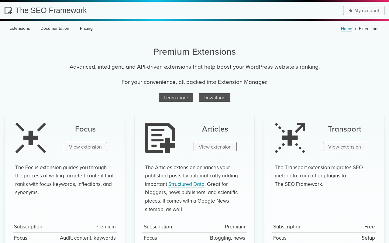The SEO Framework extensions page on theseoframework.com showing the available premium and free extensions including Focus (keyword analysis), Articles (structured data and Google News sitemap), Honeypot (anti-spam), Cord (analytics connections), Local (local business schema), and Monitor (SEO statistics tracking).