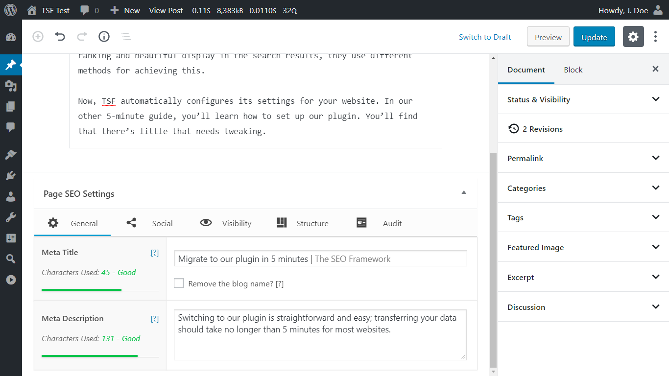 The SEO Framework SEO meta box displayed below the WordPress post editor. The General tab is active, showing the SEO Title field with pixel counter and color-coded character guide, and the Meta Description field with auto-generated content and character count. The interface is compact and integrates cleanly into the WordPress edit screen.