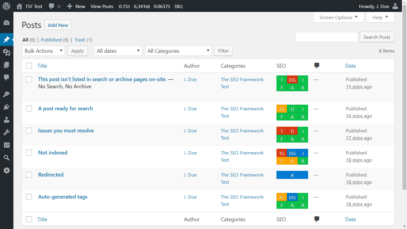 WordPress Posts list view with The SEO Framework's SEO bar column visible. Each post row shows a horizontal color-coded bar with multiple indicator segments. The SEO bar shows how your site is performing at a glance, with green, orange, and red indicators for different SEO checks.