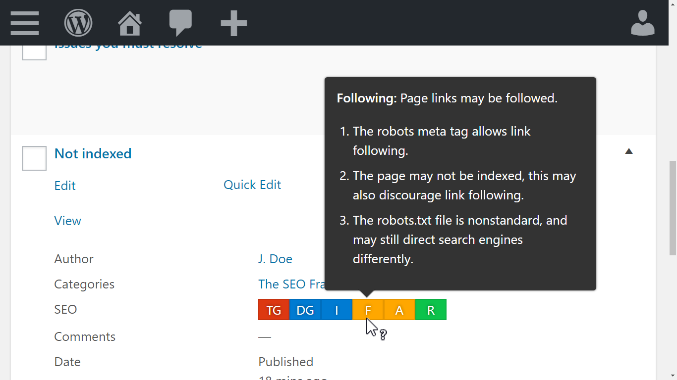 Close-up of The SEO Framework SEO bar tooltip in the WordPress post list. A tooltip appears above a bar segment explaining the specific SEO check being assessed for that page, providing actionable context for the color-coded indicator.