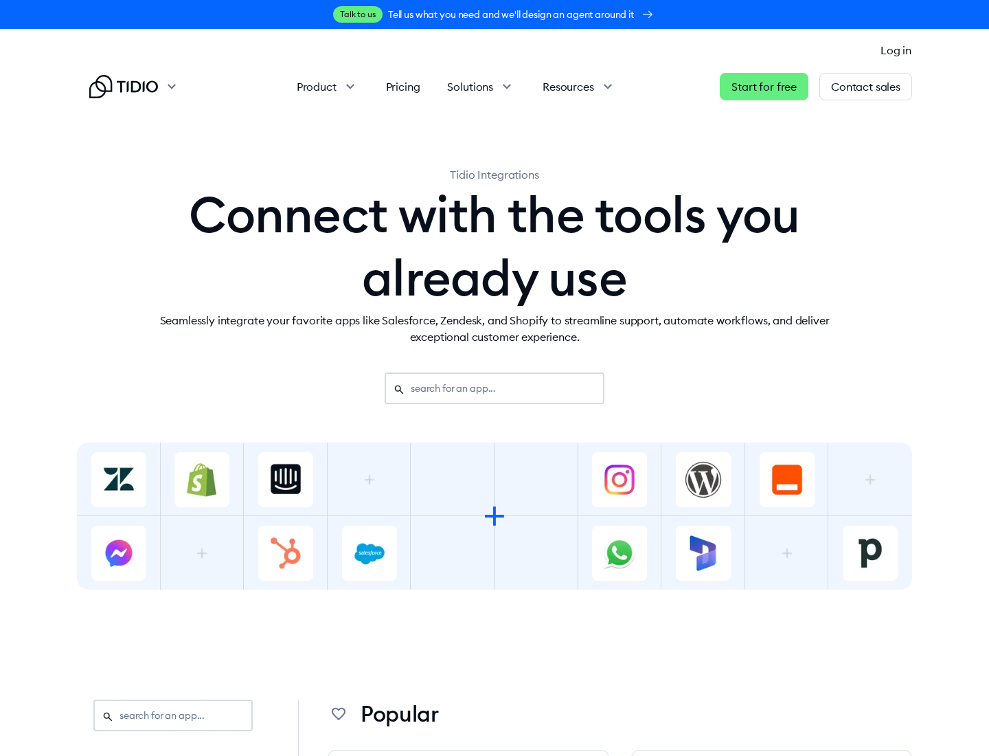 Tidio integrations page with WordPress, Shopify, Zapier, Zendesk, WhatsApp, and other app connections.