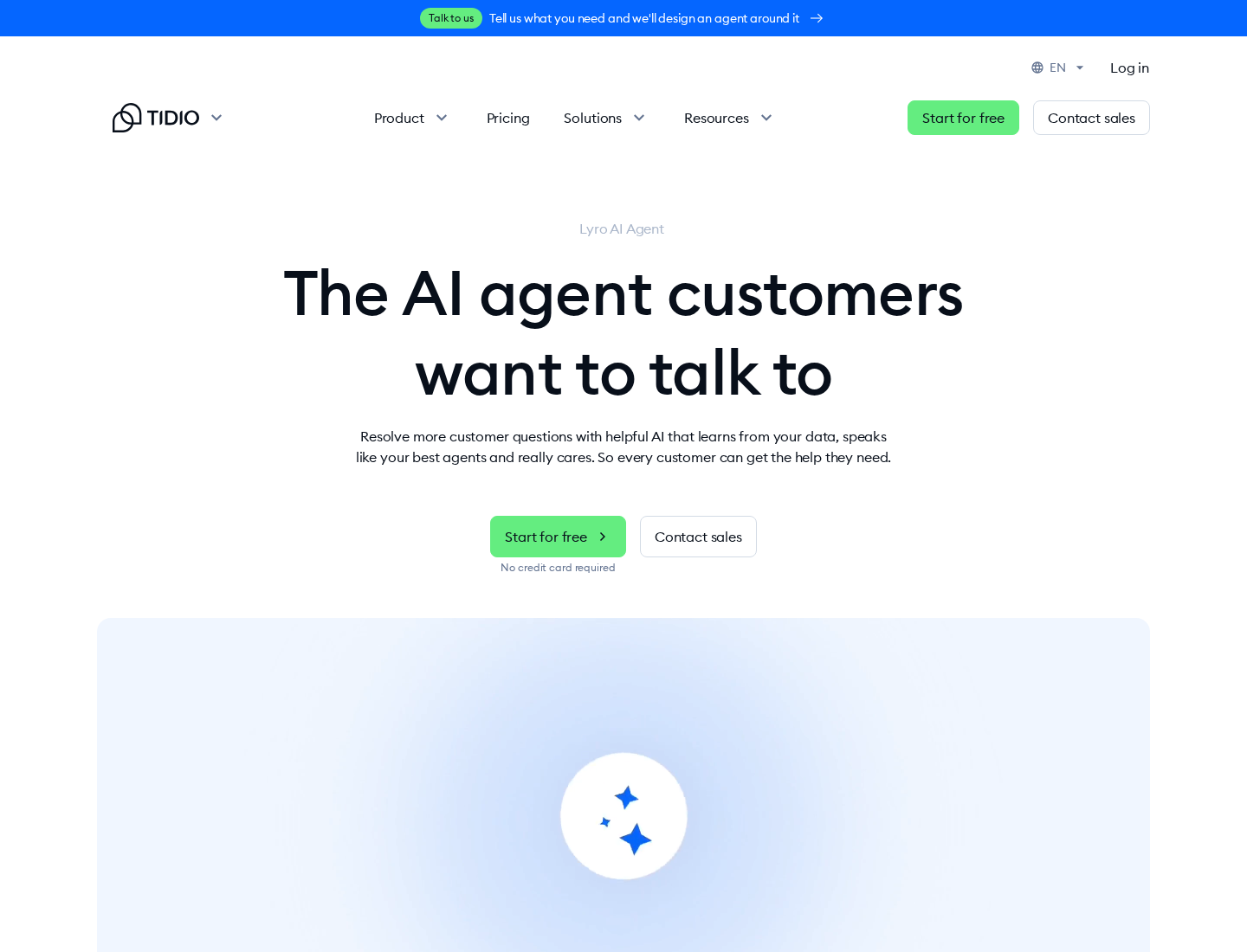 Tidio Lyro AI Agent page explaining AI support, brand control, and human handoff.