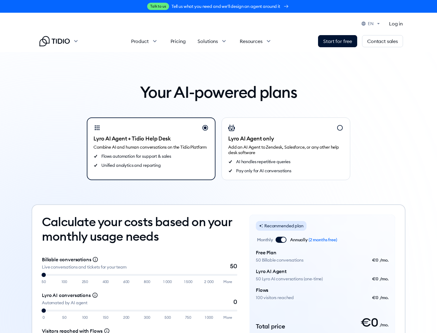 Tidio pricing page showing Free, Starter, Growth, Plus, Premium, Lyro AI Agent, and Flows pricing options.