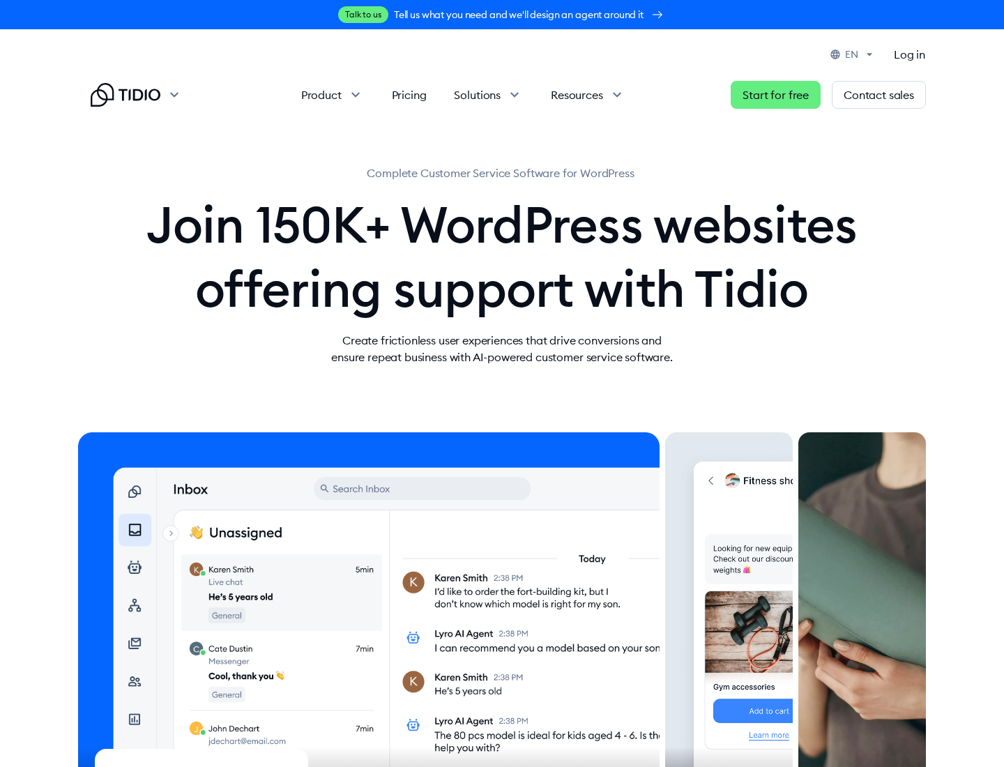 Tidio WordPress integration page showing live chat, automation, ticketing, and Lyro AI benefits.