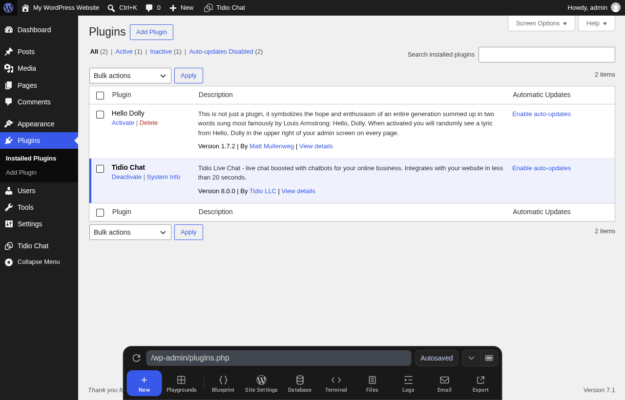 Tidio Chat installed and active on a clean WordPress Playground plugins screen.