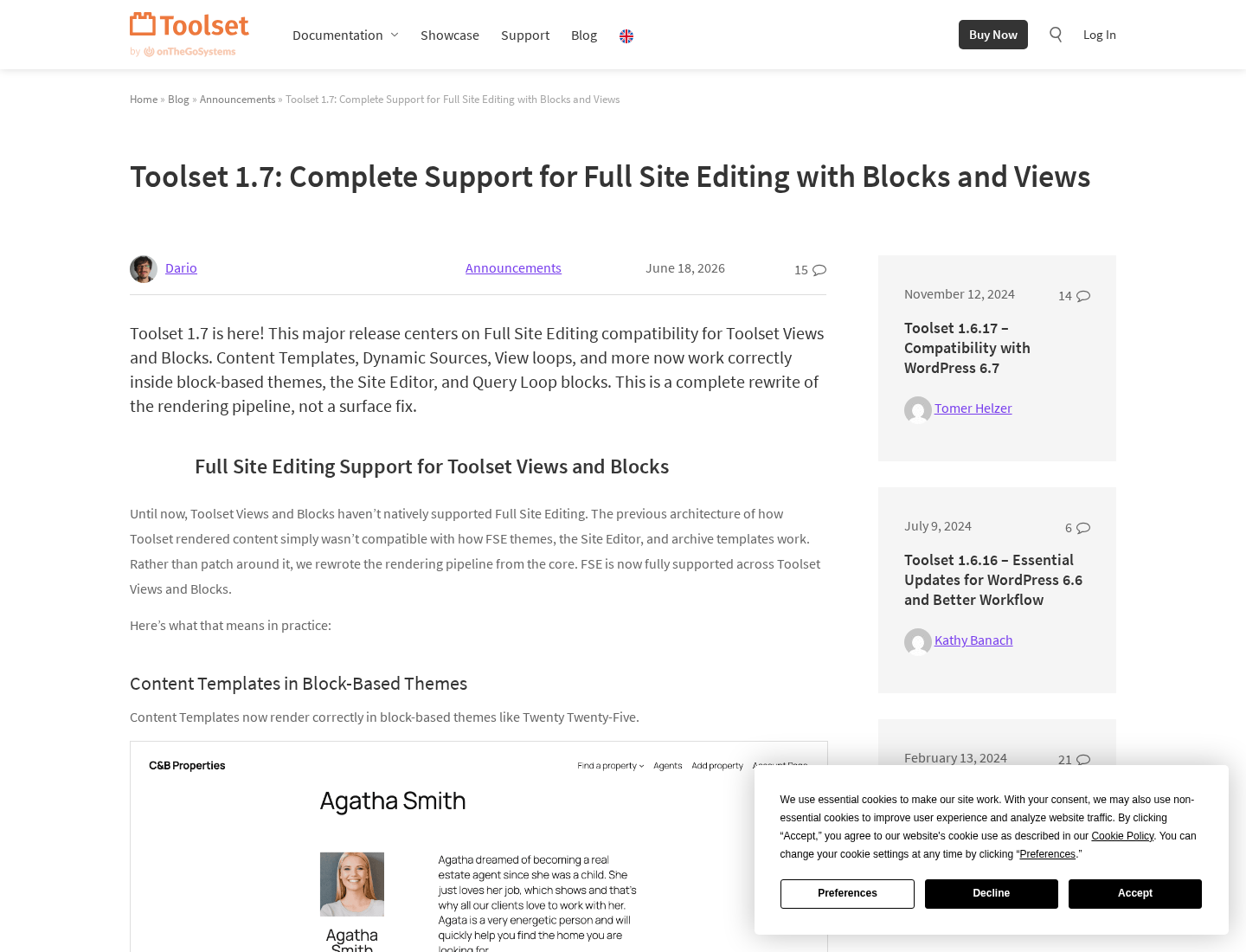 Toolset 1.7 release notes highlighting Full Site Editing support for Blocks and Views.