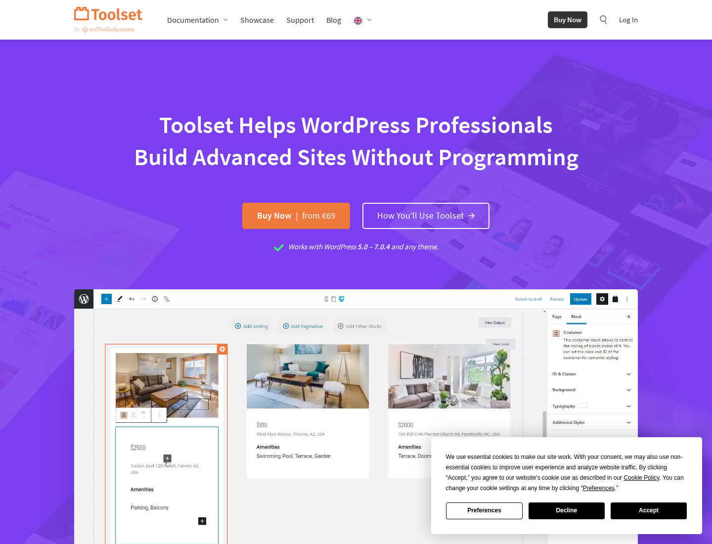 Toolset homepage showing the advanced WordPress site building suite and custom content features.