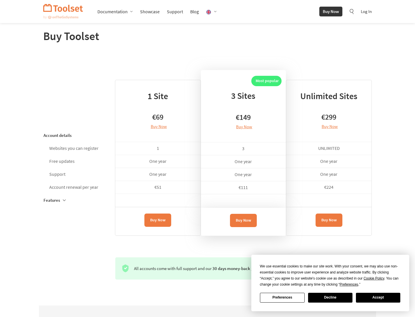 Toolset pricing page showing 1 site, 3 sites, and unlimited site annual plans.